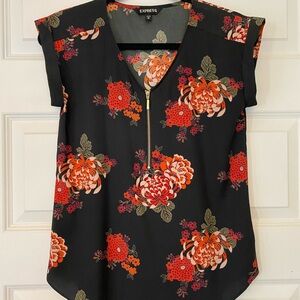 Express Black Floral Blouse with Red and Orange Accents